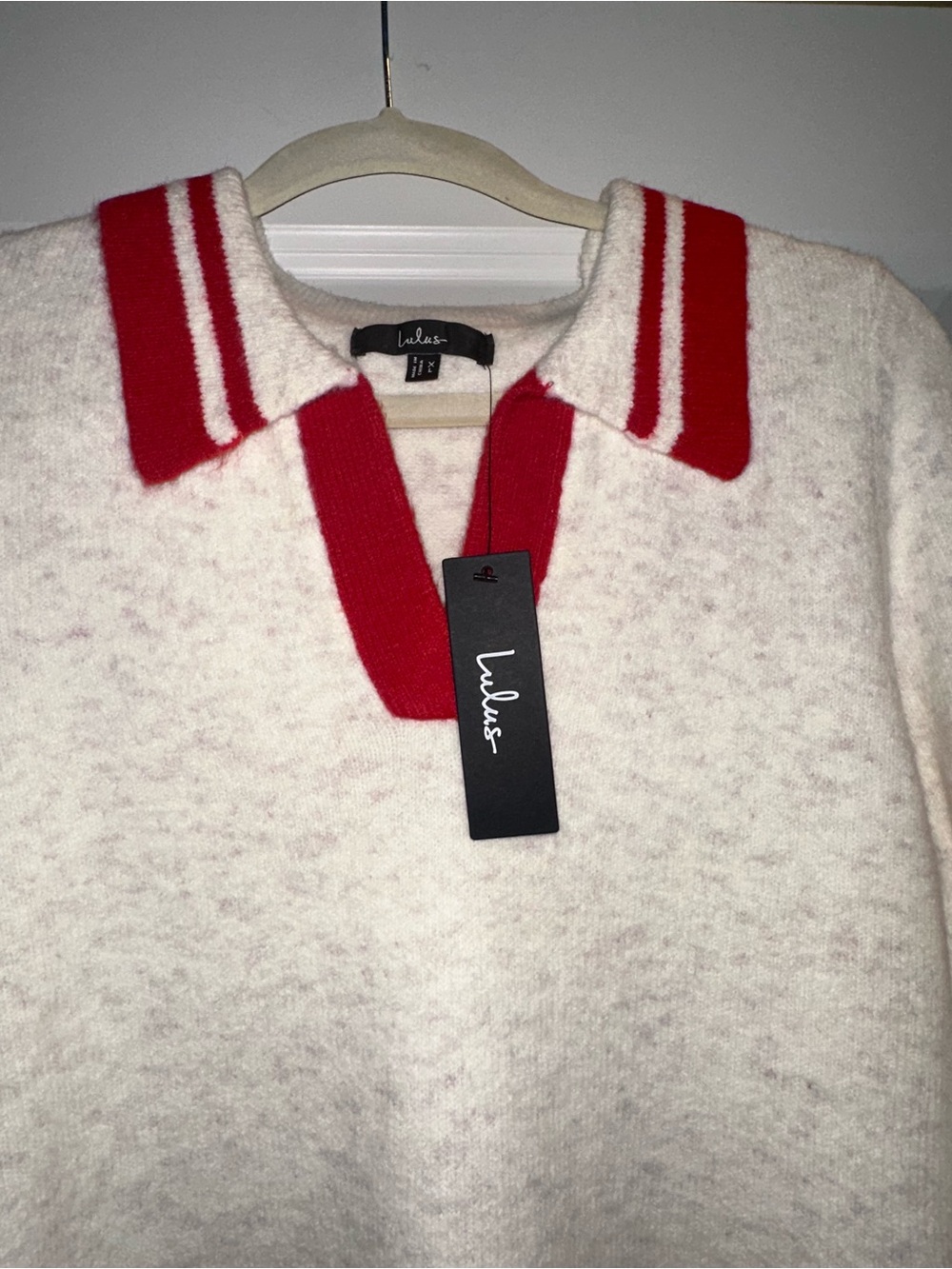 Lulus Soft Serenity Heather Ivory and Red Collared Sweater Mini Dress - Picture 4 of 9